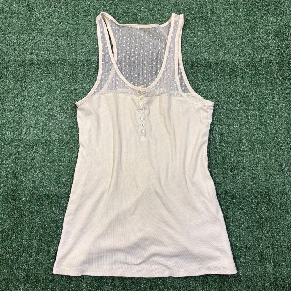 Y2K H&M L.O.G.G. Ribbed Henley Tank Top Cream Lace Mesh Panel